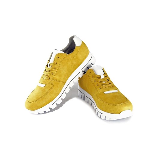 Buty sportowe damskie żółte Rieker w stylu casual skórzane sznurowane na platformie 
