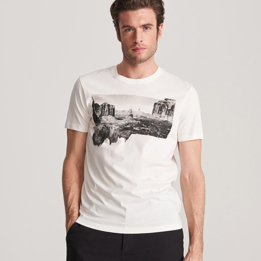 Reserved - T-shirt z grafiką - Kremowy Reserved  M 