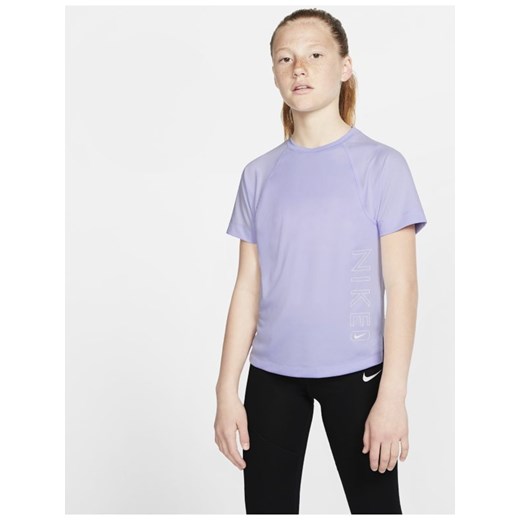 Koszulka treningowa z krótkim rękawem i nadrukiem dla dużych dzieci (dziewcząt) Nike Dri-FIT - Fiolet