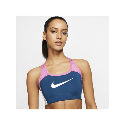 Damski stanik sportowy w kontrastowych kolorach z jednoczęściową kieszenią na wkładkę i średnim wsparciem Nike Swoosh - Niebieski Nike S okazyjna cena Nike poland