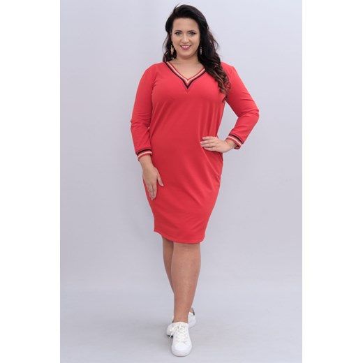 Sukienka dresowa ze ściągaczami AGATA czerwona z czarnym paseczkiem   plus size karko.pl