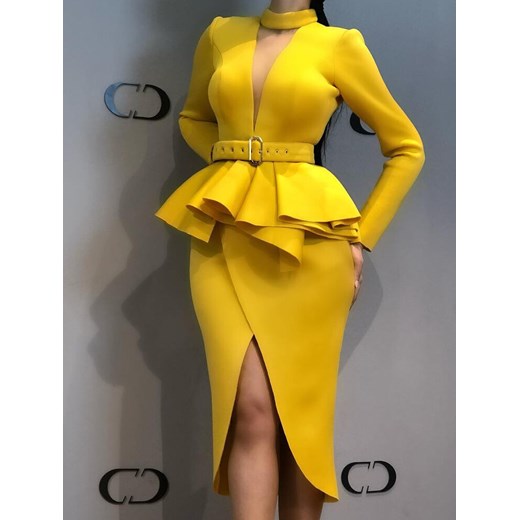 Sukienka Elegrina żółta z dekoltem choker 