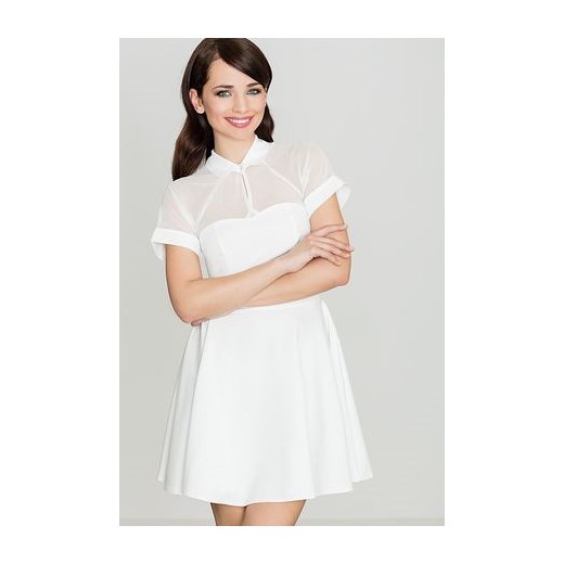 Sukienka Lenitif biznesowa z krótkim rękawem biała mini trapezowa z kołnierzykiem 