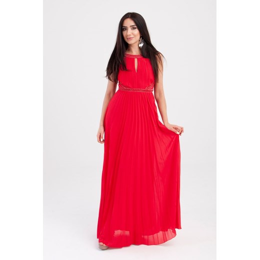 Sukienka plisowana z ozdobami w pasie i dekolcie Czerwona   M Butik Ecru