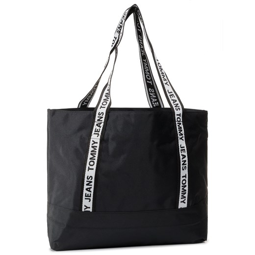 Shopper bag Tommy Jeans z kolorowym paskiem czarna na ramię 