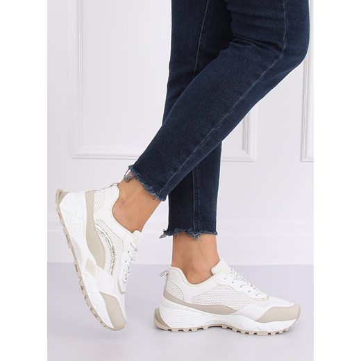 Buty sportowe damskie bez wzorów sznurowane tkaninowe białe płaskie 
