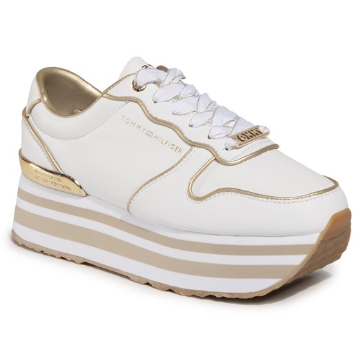 Białe buty sportowe damskie Tommy Hilfiger młodzieżowe bez wzorów na platformie 