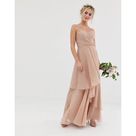 ASOS DESIGN – Elegancka sukienka maxi z dekoltem typu bandeau i warstwową spódnicą-Różowy