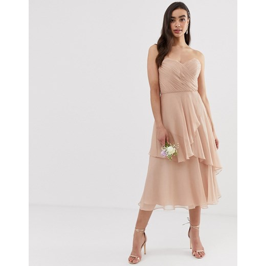 ASOS DESIGN – Koktajlowa sukienka midi z dekoltem bandeau i warstwową spódnicą-Różowy