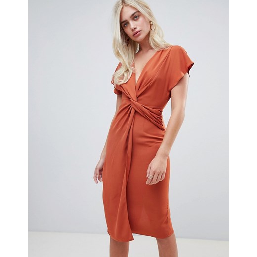 ASOS DESIGN – Sukienka midi z węzłem z przodu i kimonowymi rękawami-Brązowy
