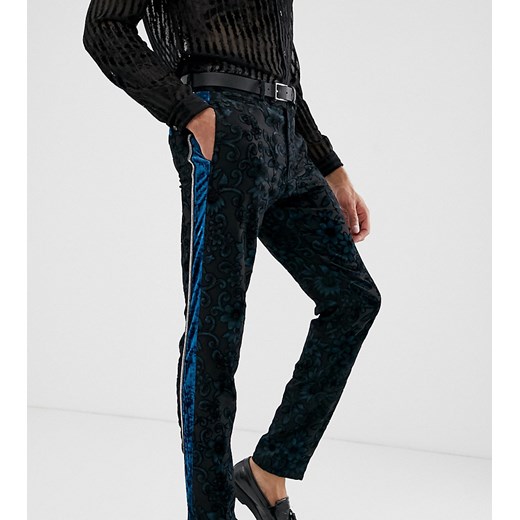 ASOS EDITION – Tall – Turkusowe dopasowane spodnie smokingowe z wypalanego aksamitu-Niebieski