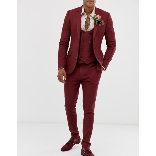 ASOS DESIGN - Bordowe ślubne spodnie garniturowe o bardzo obcisłym kroju i drobnej teksturze-Czerwony