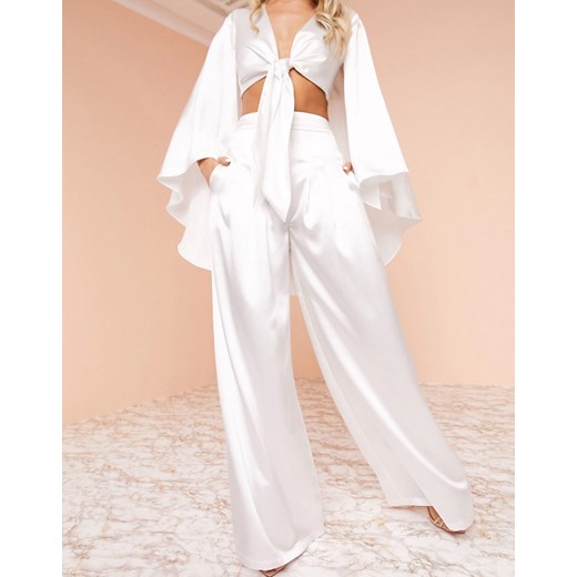 ASOS DESIGN – Luxe – Szerokie satynowe spodnie w kolorze kości słoniowej – część kompletu-Biały