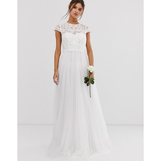 ASOS EDITION – Sukienka z siateczkową spódnicą i topem z haftowanej koronki z kolekcji ślubnej-Biały
