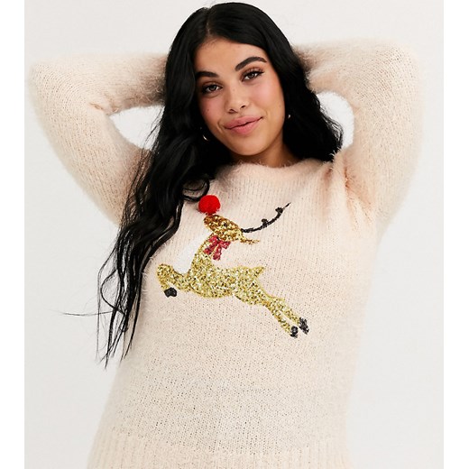 Brave Soul Plus – Sweter ze sztucznymi piórami, cekinami i pomponami-Różowy