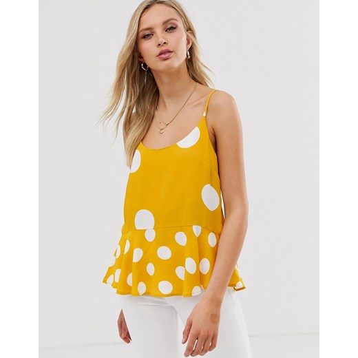 River Island - żółty top na ramiączkach z baskinką i nadrukiem w kropki