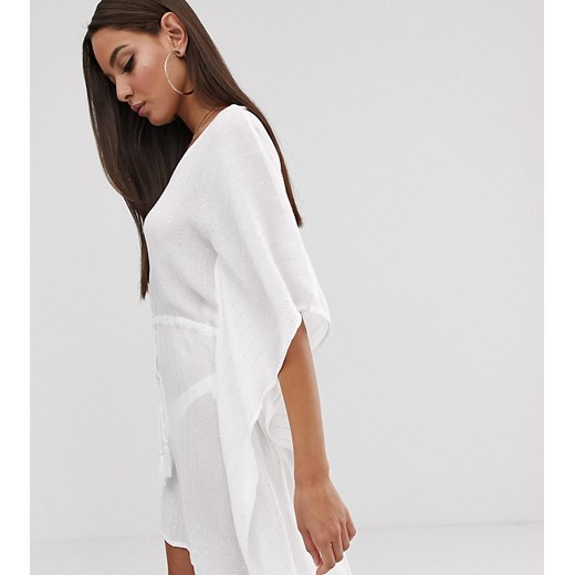 South Beach – Exclusive – Biała sukienka kaftanowa z metalicznymi prążkami-Srebrny