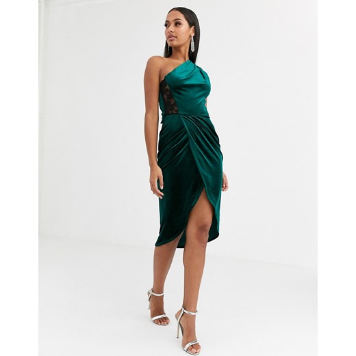 ASOS DESIGN – Aksamitna dopasowana sukienka midi na jedno ramię z koronką-Zielony
