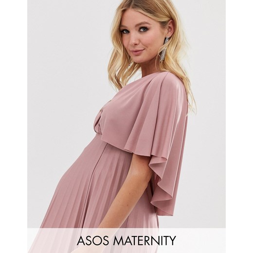 ASOS DESIGN Maternity – Plisowana sukienka midi z pelerynką na plecach-Różowy