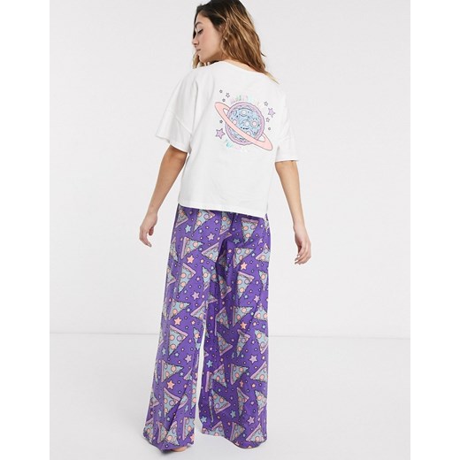 ASOS DESIGN – Piżama z t-shirtem i szerokimi spodniami ze wzorem z motywem pizzy-Fioletowy