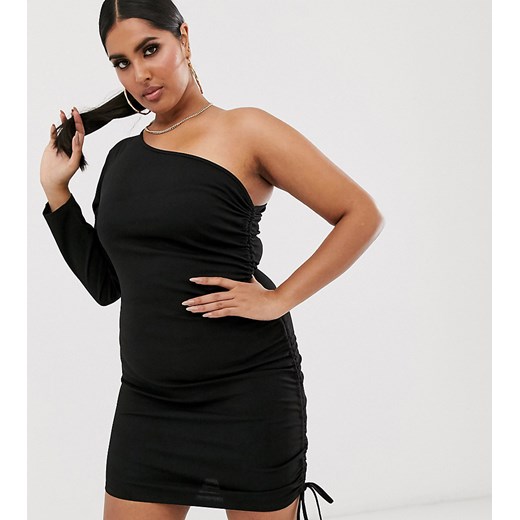 Fashionkilla – Plus – going out – Czarna sukienka mini na długi rękaw z okrytym ramieniem zebrana z jednej strony-Czarny