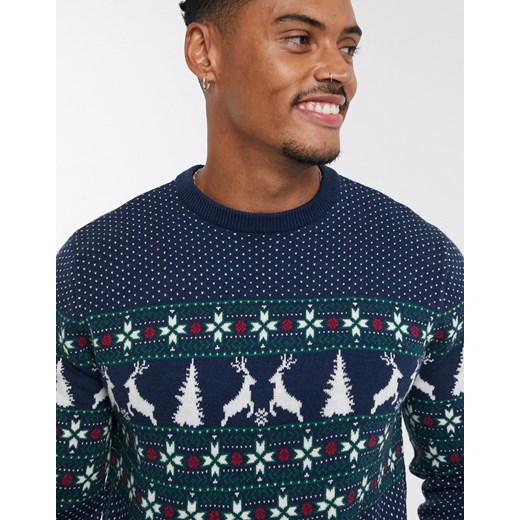 Topman – Granatowy świąteczny sweter ze wzorem szetlandzkim