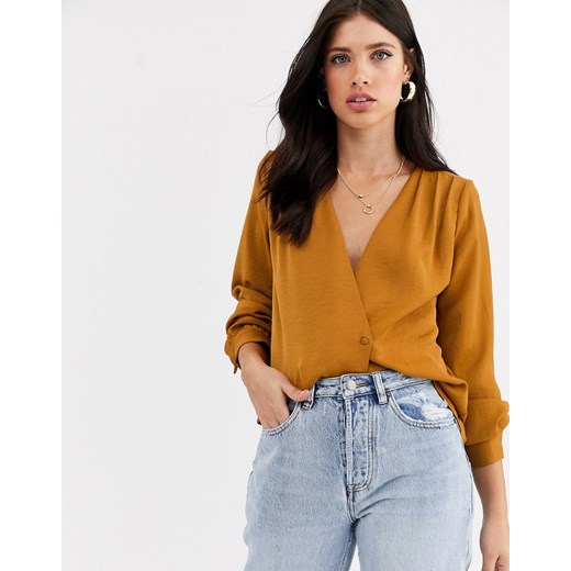 Vero Moda – Koeprtowa bluzka na guzik z obszernymi rękawami i ozdobnymi marszczeniami na ramionach-Pomarańczowy