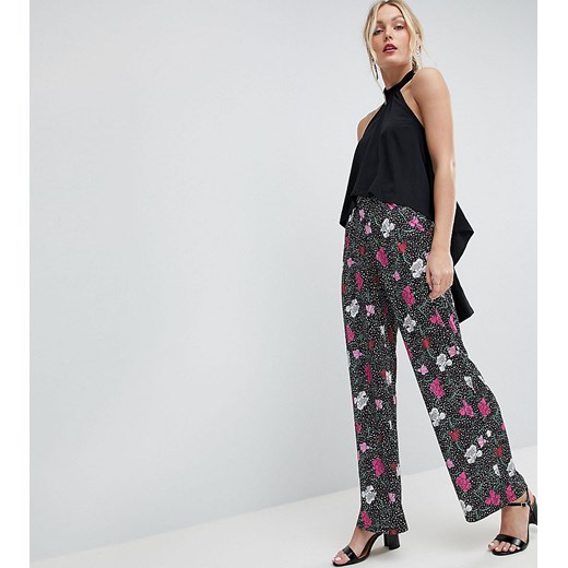 ASOS – TALL – Spodnie z szerokimi nogawkami z nadrukiem w kropeczki i kwiaty-Czarny