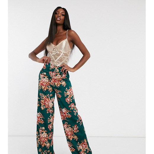 Missguided Tall – Morskie spodnie z satyny z szerokimi nogawkami w kwiaty-Zielony