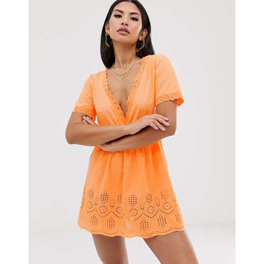 Sukienka pomarańczowy Asos na lato z krótkim rękawem z dekoltem w literę v 