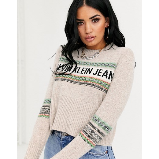 Calvin Klein Jeans – Sweter dzianinowy z logo i wzorem Fairisle-Szary