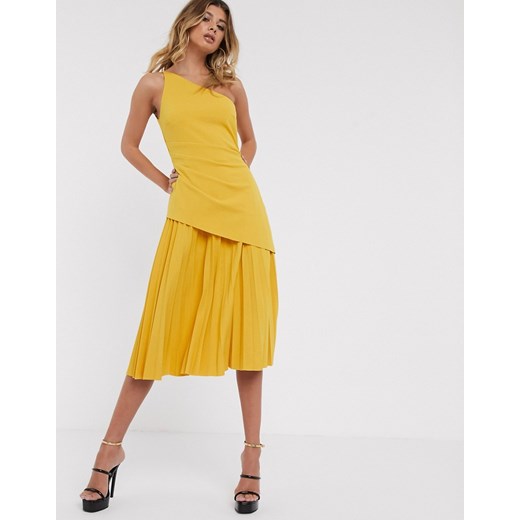 ASOS DESIGN – Sukienka midi na jedno ramię z plisowanym dołem-Żółty