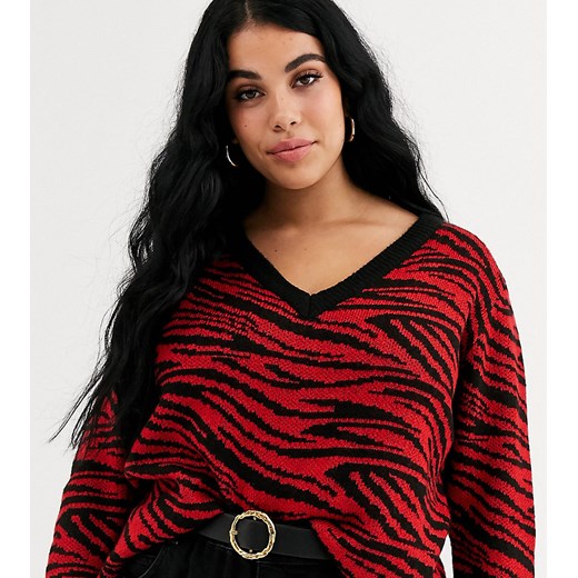 Brave Soul Plus - Sweter w zebrę z dekoltem w szpic-Czerwony