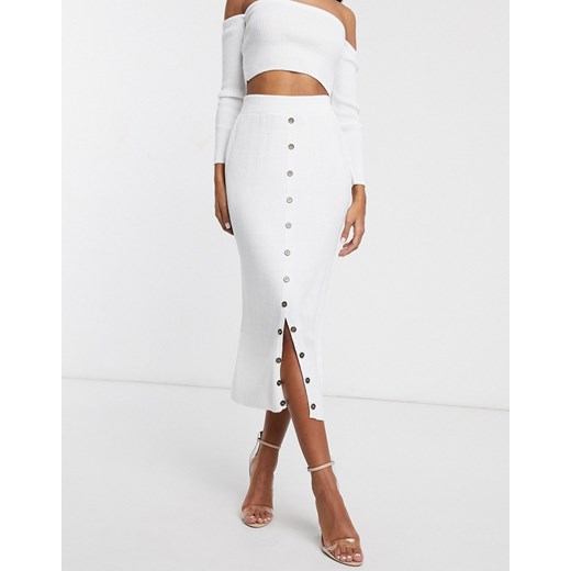 Fashionkilla – Biała bandażowa spódnica midi z dzianiny z guzikami, część kompletu-Biały