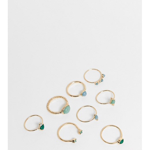 ASOS DESIGN Curve – Zestaw 8 pierścionków w kolorze złotym z kamieniami w zielonych odcieniach