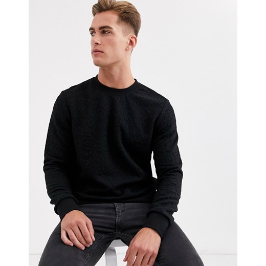 Jack & Jones Premium – Czarna bluza dresowa z okrągłym dekoltem i wytłaczanym wzorem w kwiaty w tym samym kolorze-Czarny