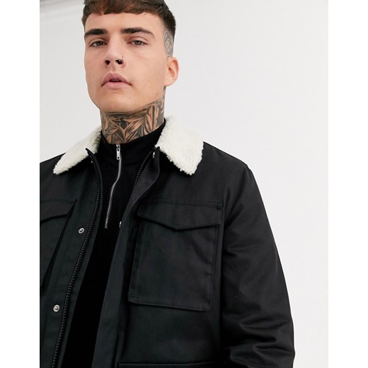 ASOS DESIGN – Czarna woskowana kurtka z kołnierzem ze sztucznego kożuszka-Czarny