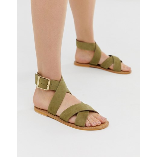 ASOS DESIGN –Flossy - Płaskie sandały ze skrzyżowanymi skórzanymi paskami w kolorze khaki-Zielony