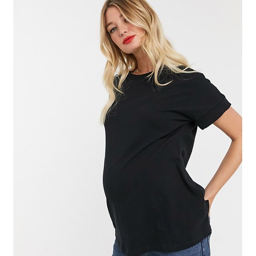 ASOS DESIGN Maternity – Czarny t-shirt oversize o fasonie boyfriend z podwiniętymi rękawami