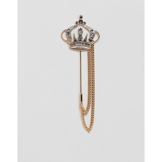 ASOS DESIGN – Spinka do klapy w kolorze złota z koroną w rozmiarze oversize ozdobioną kryształkami-Złoty