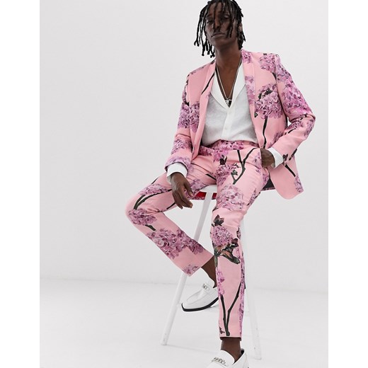 Twisted Tailor – Lniane spodnie garniturowe o obcisłym kroju z nadrukiem w kwiaty-Różowy