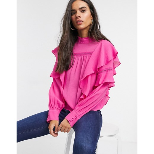 Vero Moda – Różowa bluzka z golfem wykończona falbanką-Różowy