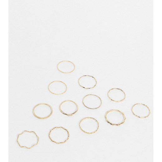 ASOS DESIGN Curve - Zestaw 12 pierścionków w złotym kolorze grawerowanych w różnym stylu i ozdobnie skręcanych