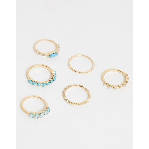 ASOS DESIGN – Pierścionki w złotym kolorze z perłami i niebieskimi kamieniami – komplet 6 sztuk