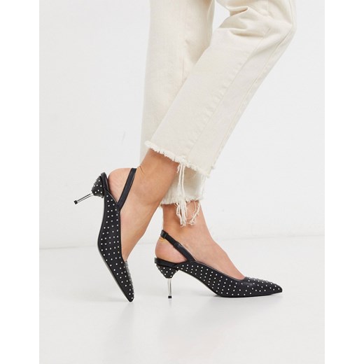 ASOS DESIGN Sascha – Czarne buty na obcasie typu kaczuszka zdobione ćwiekami, z elastycznym paskiem wokół pięty-Czarny