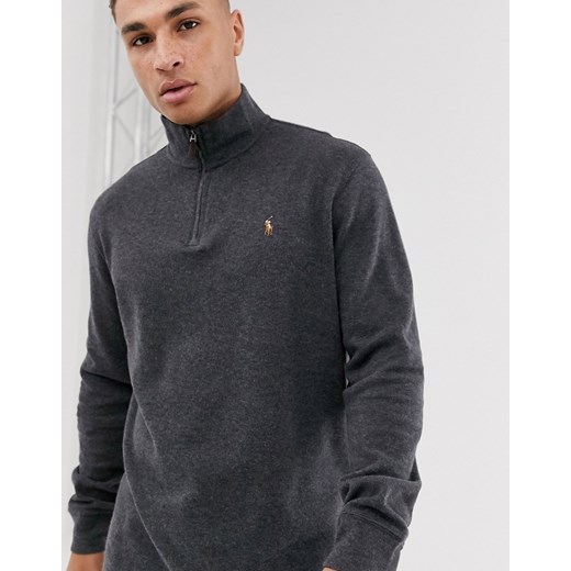 Polo Ralph Lauren – Szary melanżowy sweter z suwakiem pod szyją i logo z graczem polo