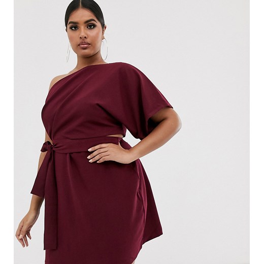 Vesper Plus – Malinowa sukienka mini na jedno ramię z wycięciem i wiązaniem-Czerwony