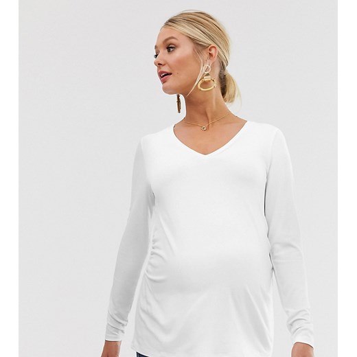 ASOS DESIGN Maternity – Biały T-shirt z długim rękawem, dekolt w szpic