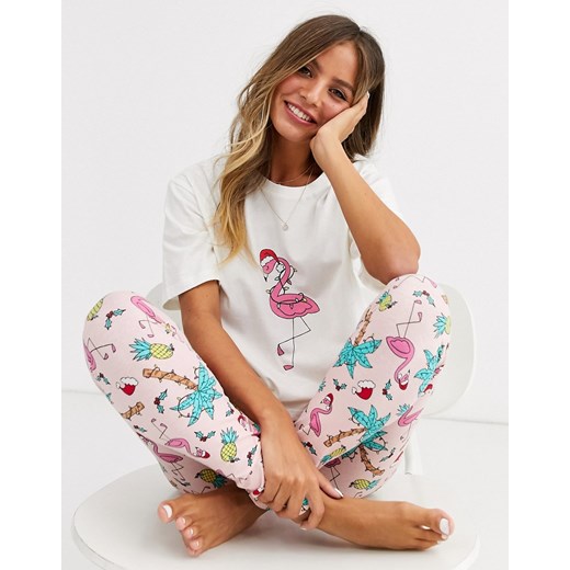 ASOS DESIGN – Piżama z napisem 'I'm lit' i flamingiem – Koszulka i legginsy z kolekcji Idą Święta-Różowy
