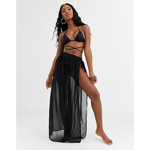 ASOS DESIGN – SWIM GLAM – Czarna plażowa spódnica maxi z tkaniny z recyklingu z ozdobnie skręconym przodem-Czarny
